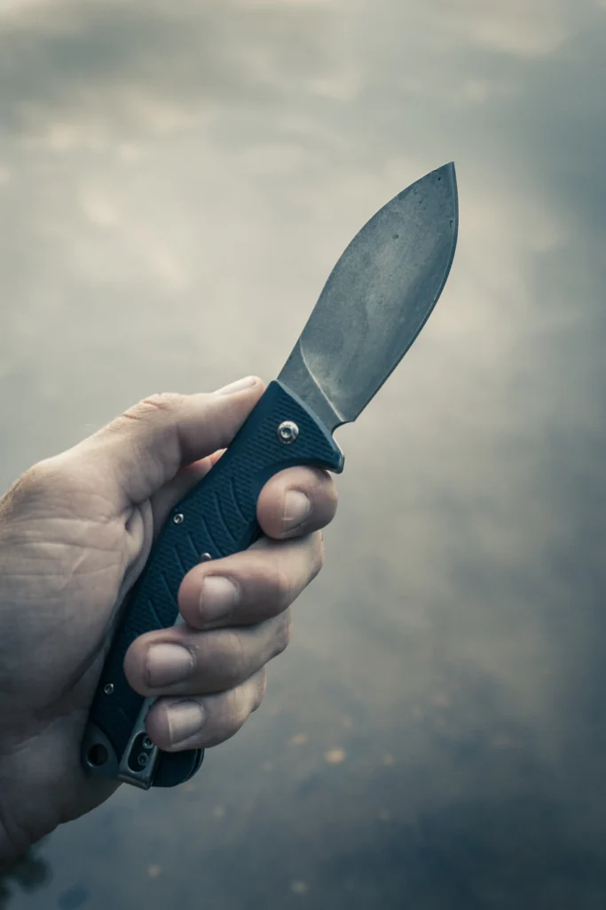 Bushcraft knife held in hand outdoors