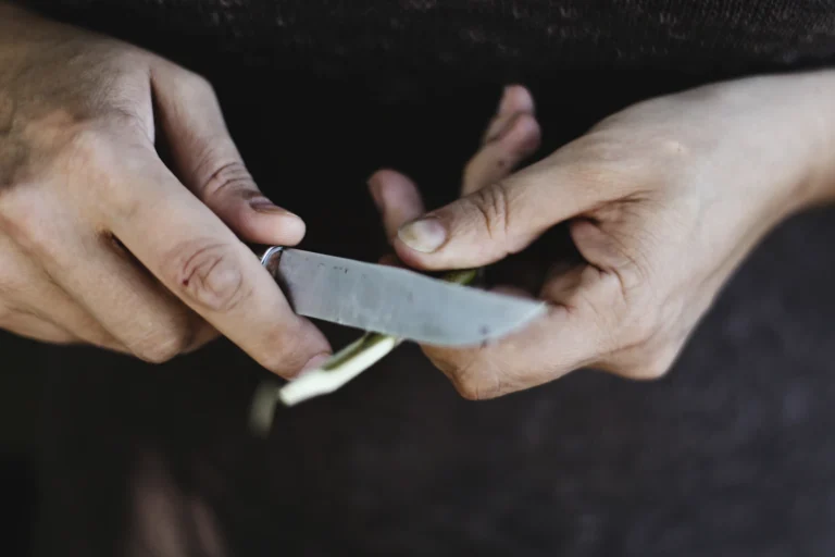 Hands sharpening a knife blade on a sharpening stone